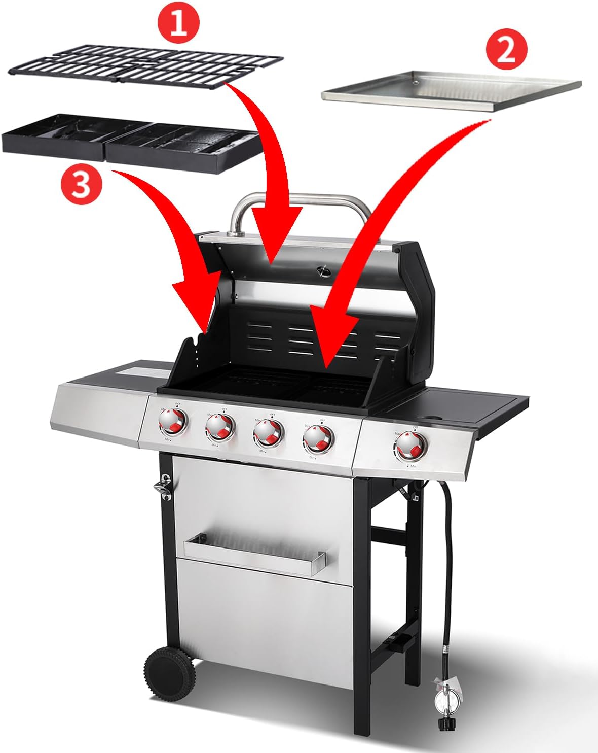 Dual Fuel 4-Burner Propane Gas Grill with Side Burner & Charcoal Trays | Outdoor BBQ & Griddle Combo with Cast Iron Grates, Stainless Steel Flat Top 448 sq. in. for Backyard Patio Camping
