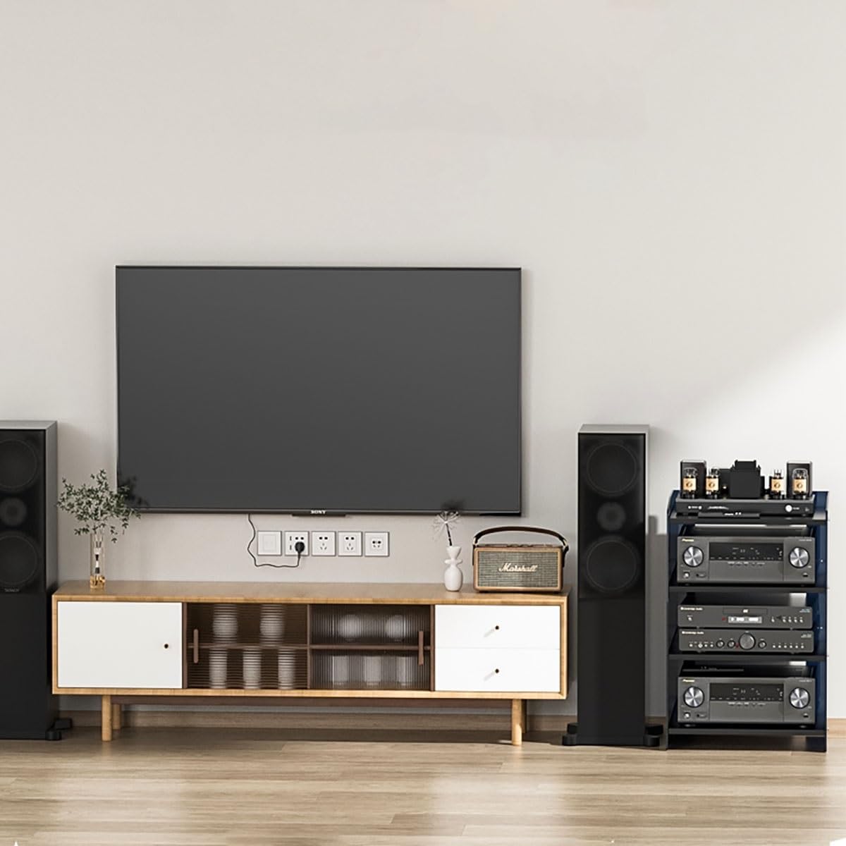 Modern Stereo Cabinet - Adjustable Audio Rack Storage Tower for Media, DVD, TV Box & Game Console - Stylish Black Design with Acrylic Baffle, Perfect for Record Players