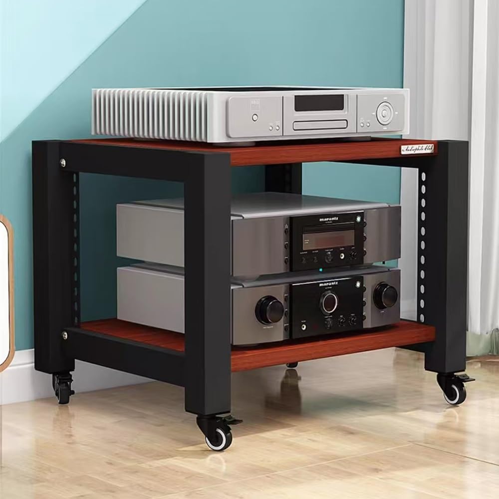 Movable HiFi Audio Rack Adjustable AV Media Components Cabine Stand with Wheels, Heavy Duty Amplifier Storage Cabinet Stereo Shelf Organizer(Teak,2-Tier)