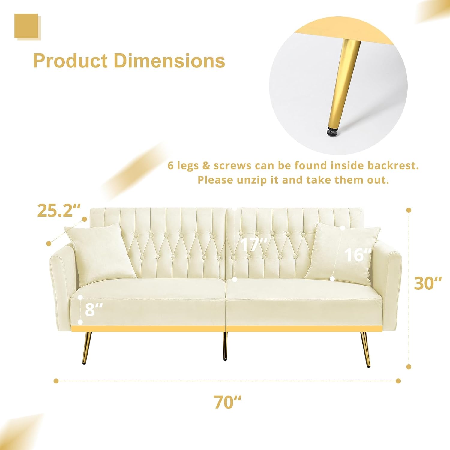 70' Velvet Futon Sofa Bed with 2 Pillows and Adjustable Armrests, Convertible Sleeper Bed W/Adjustable Backrests, Modern Loveseat for Living Room, Bedroom, Beige