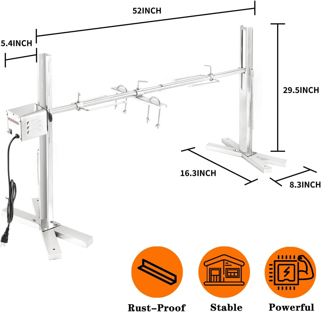 QPMR Rotisserie Grill Kit, 52' Outdoor Electric Stainless Steel Tripod Rotisserie Stand, 90LBS Pig Spit Rotisserie Grill, Height Adjustable BBQ Rotisserie Kit, Pig Rotisserie Hog Lamb Campfire