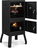 ROVSUN 2-in-1 Outdoor Smoker with Double Doors, Vertical Portable Charcoal Grill with Two Detachable Grill Smoking Racks and Charcoal Pan, Perfect for Camping Barbecue, Black