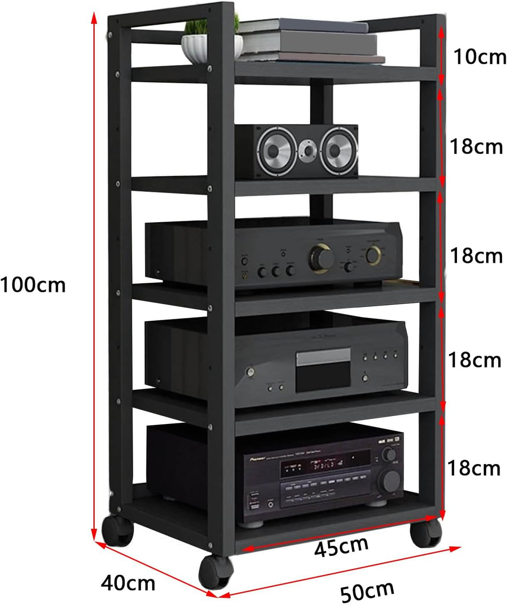 5-Tier Corner Wood Shelf with Wheels, Multifunctional Audio Video Rack Stereo Cabinet Adjustable Shelves,Adjustable Home Audio Rack Stereo Cabinet Record Player Stand for CD/DVD Player