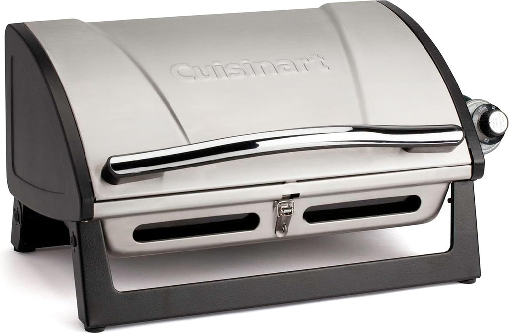 Cuisinart Grillster Portable Gas Grill, Stainless Steel Compact BBQ Grill with Locking Lid for Easy Transport, 8000 BTU Propane Grill with Dishwasher Safe Cooking Grate, Small Grill for Camping & BBQ