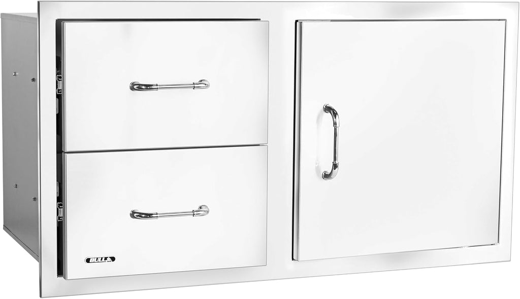 Bull Outdoor Products Complete Outdoor Kitchen Bundle – Brahma 90,000 BTU Built-In Grill Head, Grill Cover, Trash & Recycle Drawer, 38' Door/Drawer Combo, Glass Door & Contemporary Refrigerator – LP
