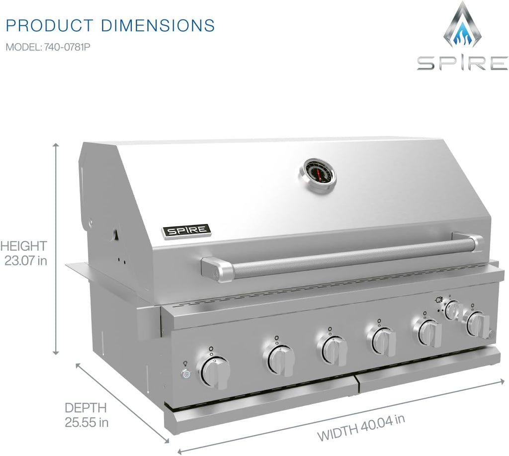Spire Premium 6 Burner Built In Gas Grill Island Head, Stainless Steel 36 Inch Propane Grill with Rear Burner, 73,000 BTUs, 904 SQ In Racks with Dual Fuel Compatibility - 740-0781P
