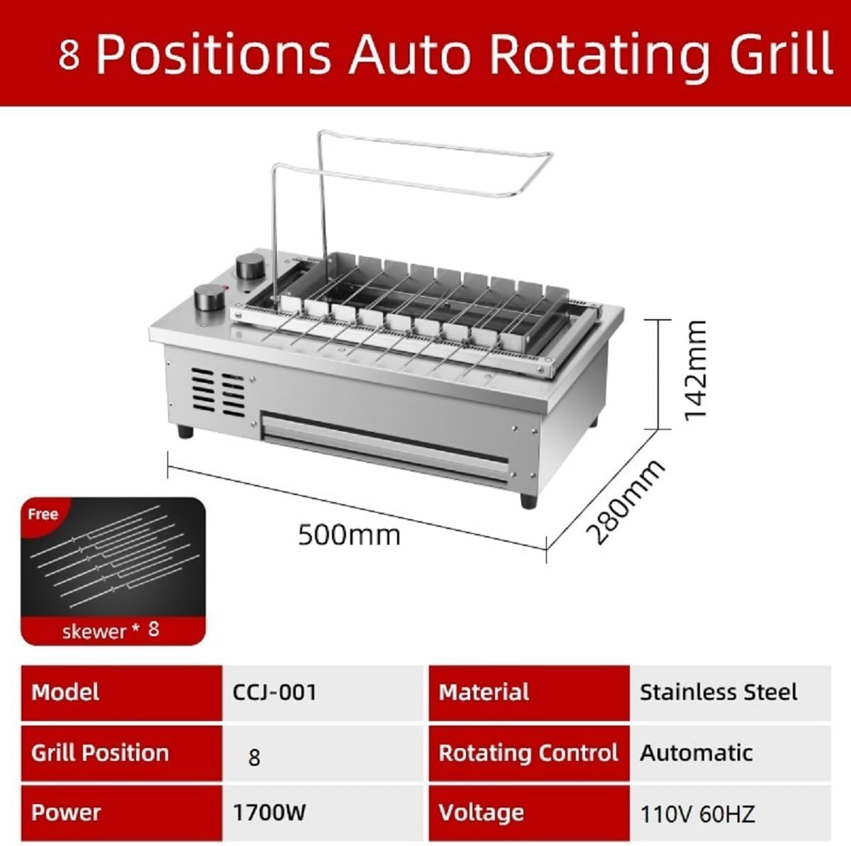 Commercial Barbecue Oven,Auto Roating Grill,Smokeless Searing Grill,Built-in Rotisserie Stove,Electric Skewers Barbeque Oven,Kebab Roasting Equipment,8 Skewers,110V