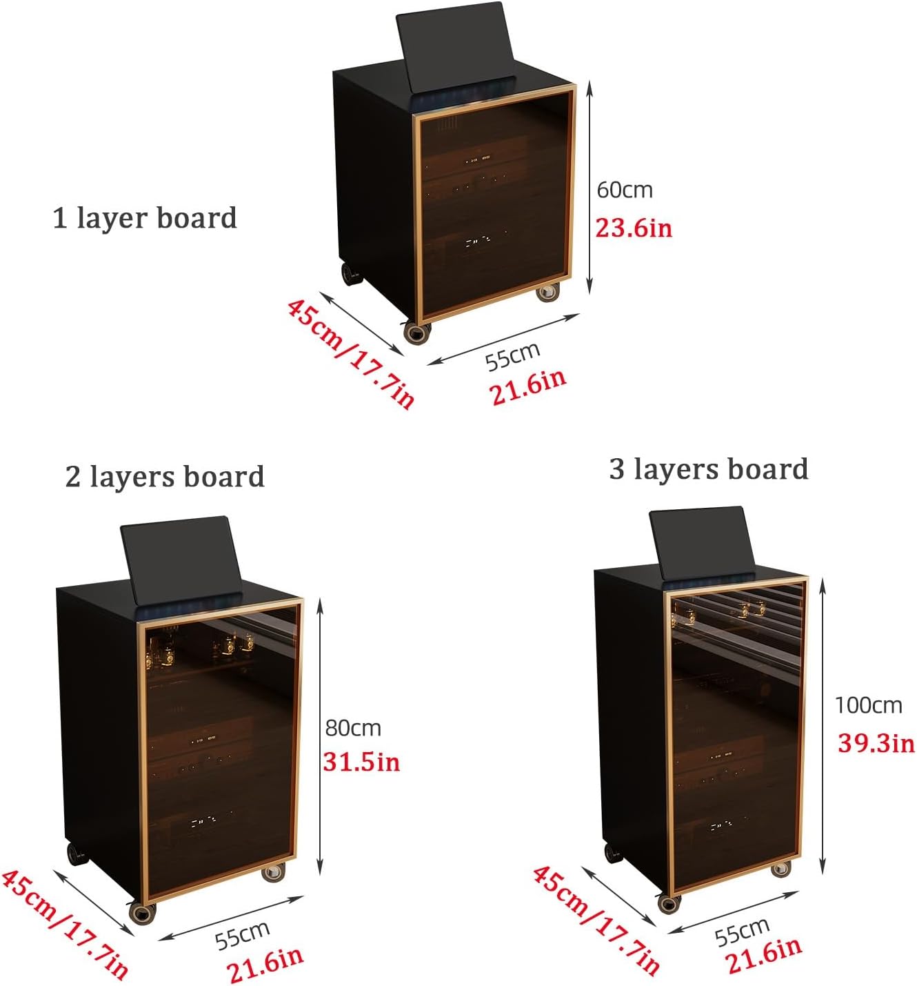 Modern Black Media Storage Cabinet with Glass Door and Cable Holes Adjustable Shelves Movable Stereo Stand for Tv and Audio Equipment 55X45X100Cm 4 Tier,Black3 Tier 55X45X80Cm