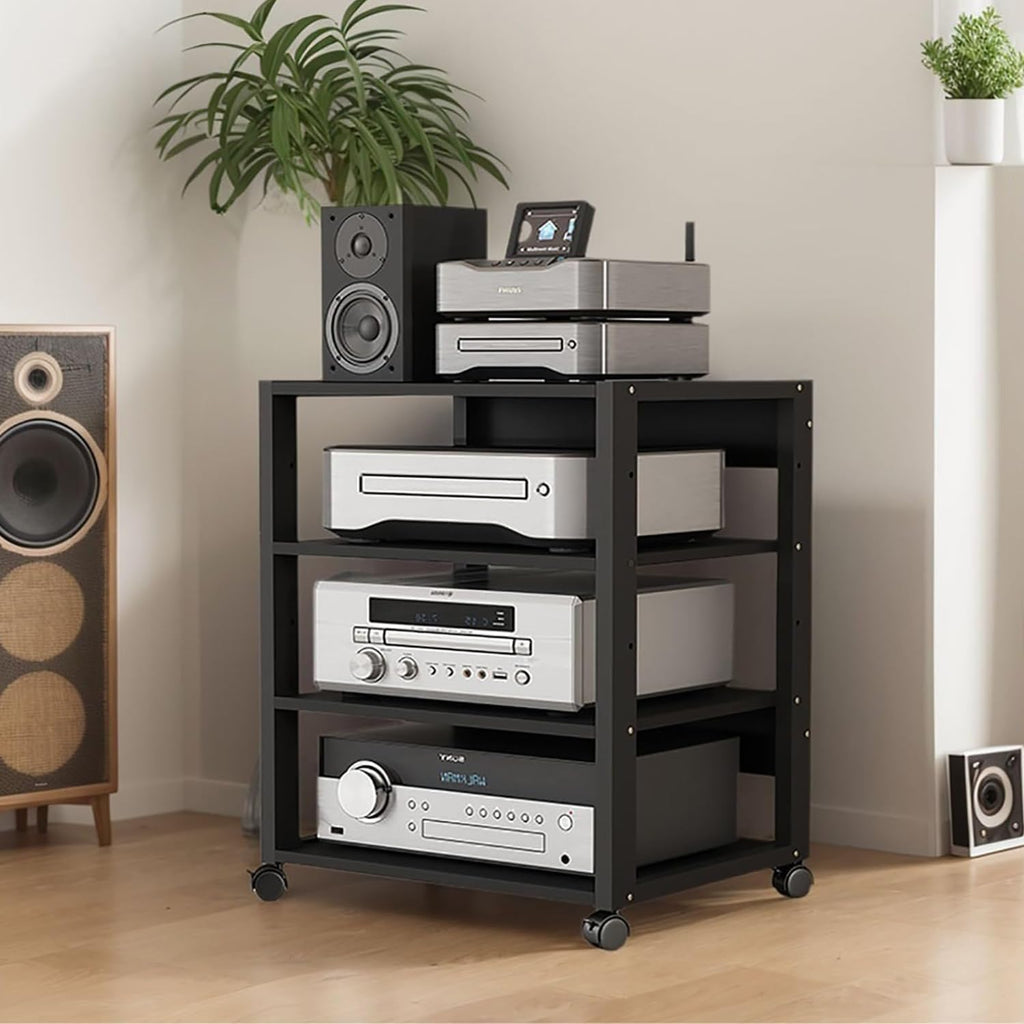 AV Media Tower Stereo Cabinet, 3/4/5 Tier Floor-Standing Audio Rack CD DVD Record Player Stand, Movable Corner Storage Shelf with Wheels for Home Theater, Black(4 Tier)