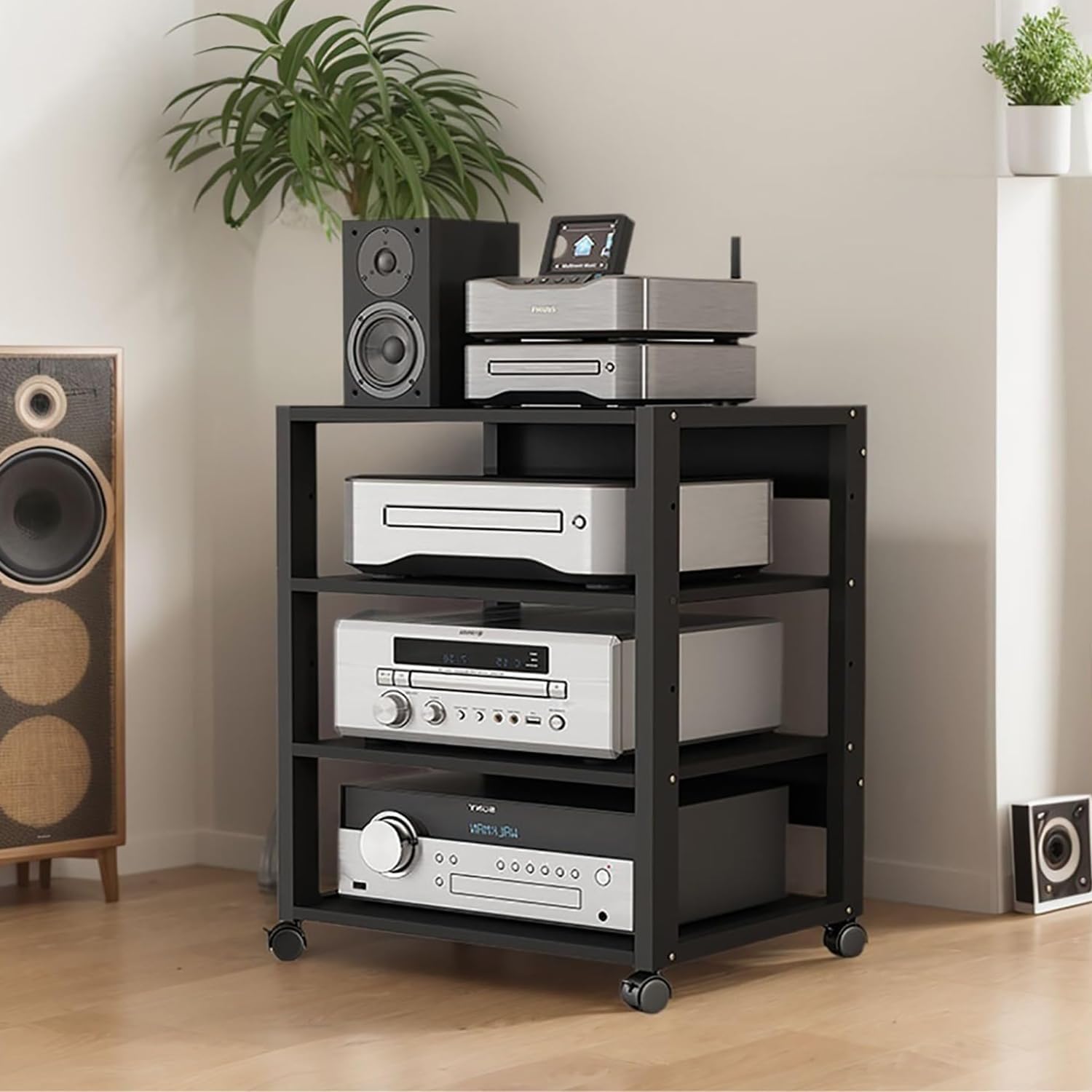 AV Media Tower Stereo Cabinet, 3/4/5 Tier Floor-Standing Audio Rack CD DVD Record Player Stand, Movable Corner Storage Shelf with Wheels for Home Theater, Black(4 Tier)