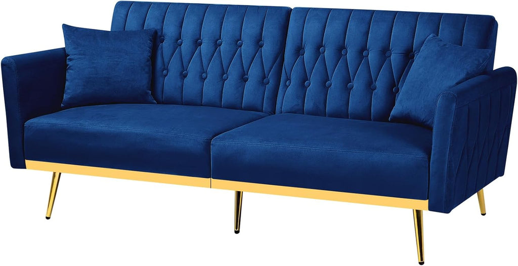 70' Velvet Futon Sofa Bed w/Adjustable Armrests and Backrest, Convertible Futon Couch w/2 Pillows, Modern Sleeper Bed for Living Room, Bedroom, Blue