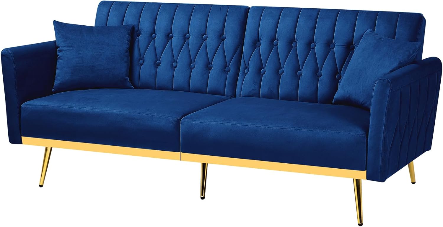 70' Velvet Futon Sofa Bed w/Adjustable Armrests and Backrest, Convertible Futon Couch w/2 Pillows, Modern Sleeper Bed for Living Room, Bedroom, Blue