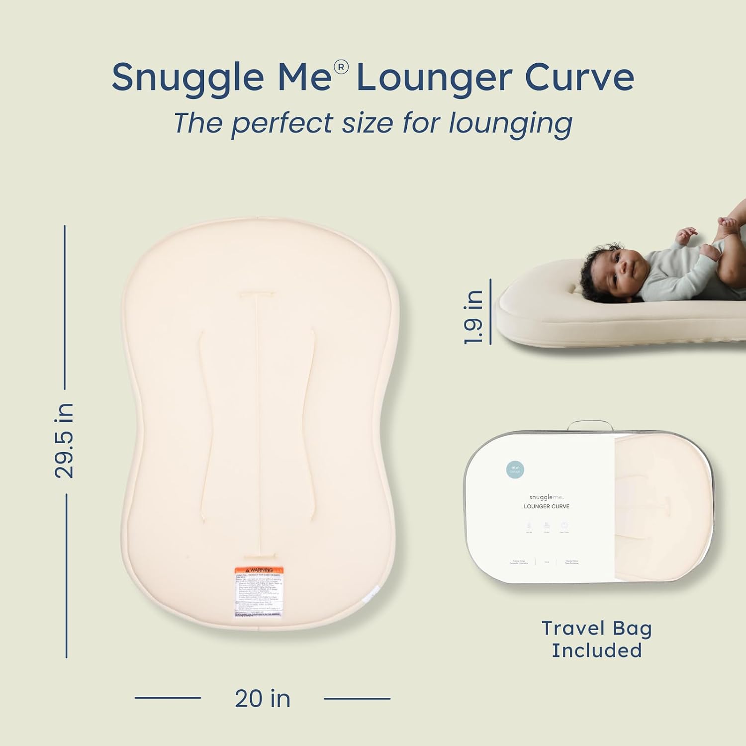 Snuggle Me® Baby Lounger Curve (0-6 Months) - Premium Organic Cotton with Foam Core, Machine-Washable Cover, Buttery-Soft & Breathable CSPC Compliant Infant Lounger Baby Nest with Travel Bag - Natural