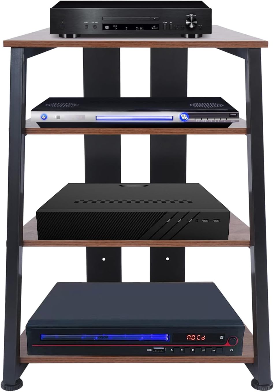 4-Tier AV Media Stand, Corner Shelf Stereo Audio Rack Stand with Adjustable Shelves, 110 lbs Total Capacity, Perfect for Home Theaters, Studios (Brown+Black)