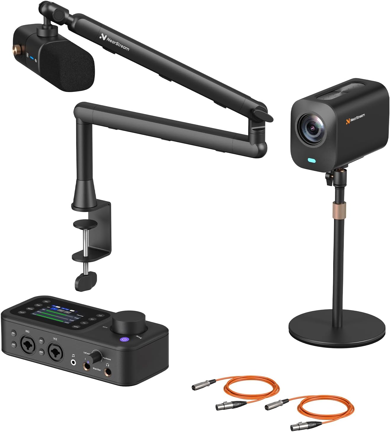NearStream PodPro Solo Podcast Equipment Bundle with 1 VM20 4K Streaming Camera, 1 AM25X Microphone, 1 ST20 Boom Arm, 1 AMIX40U Audio Mixer, 1 Camera Desk Stand & 2 XLR Cables, for Livestream/Podacst