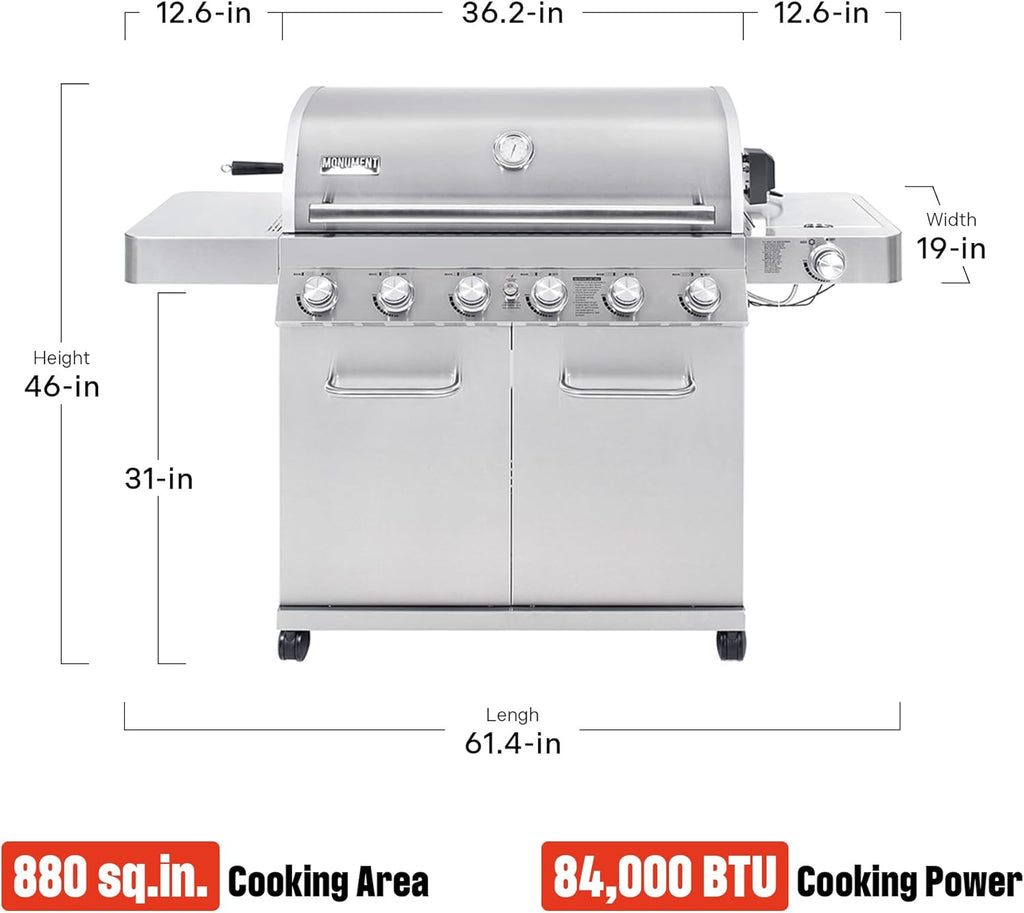 Monument Grills 6 Burner 640 sq.in. Stainless Steel Propane Gas Grill with a Rotisserie Kit, a Side Burner, a Built-In Thermometer, Large Cabinet Style Grill
