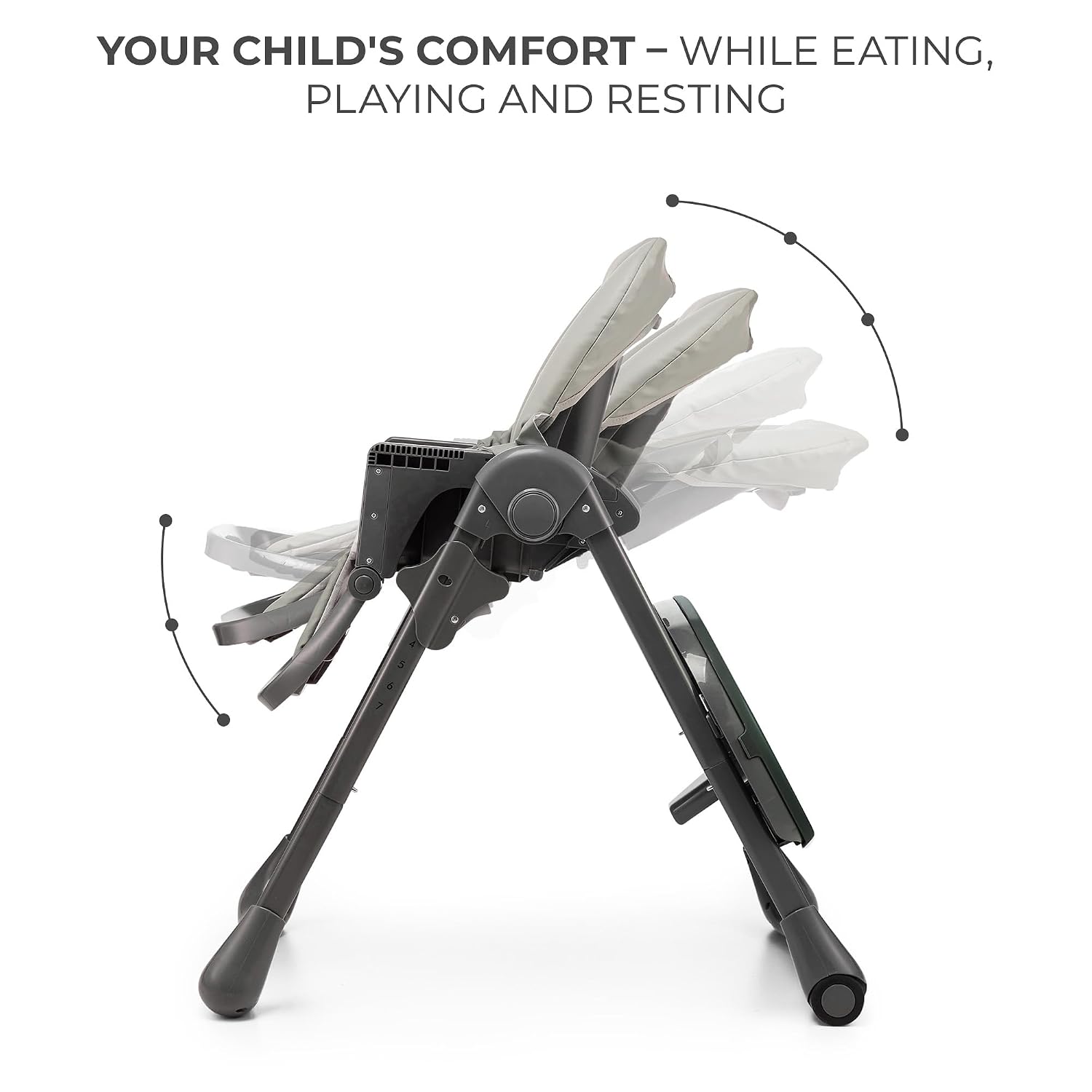Kinderkraft Tummie, 2-in-1 high Chair, Baby Chair, Ergonomic, Comfortable, Reclining, Foldable, with Ajustable Height, Footrest, Detachable Tray, for Toddler, with Toys, Gray