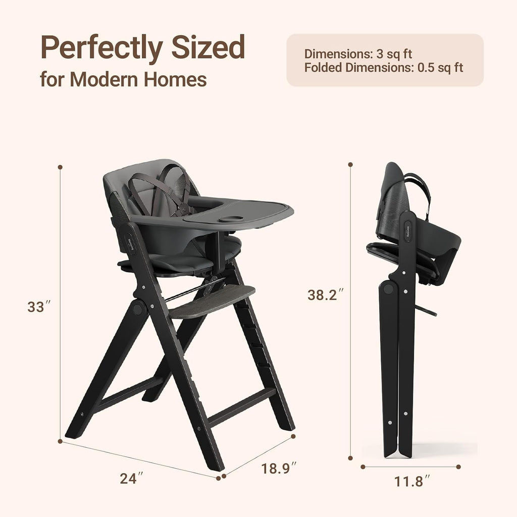 Mamazing GrowPod Pro Wooden Baby High Chair for 6 Months to 300lbs, Easy to Clean with Tray, Compact Foldable Highchair for Kitchen & Dining Room, with 5-Point Safety Harnesses and Guard Bar