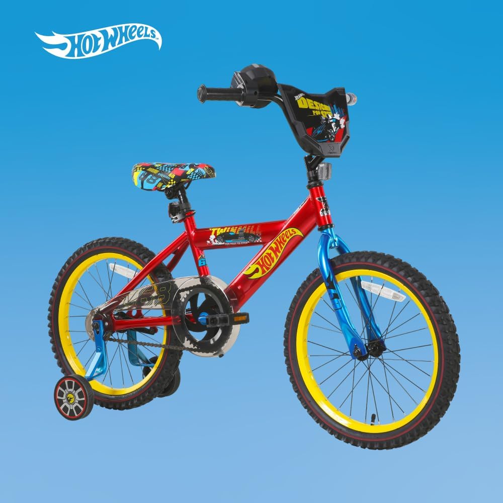 Dynacraft Hot Wheels Boys BMX Bikes Sizes 12' - 18' for Ages 3-9 Years in red, Black, with Handlebar rev Grip Play Feature