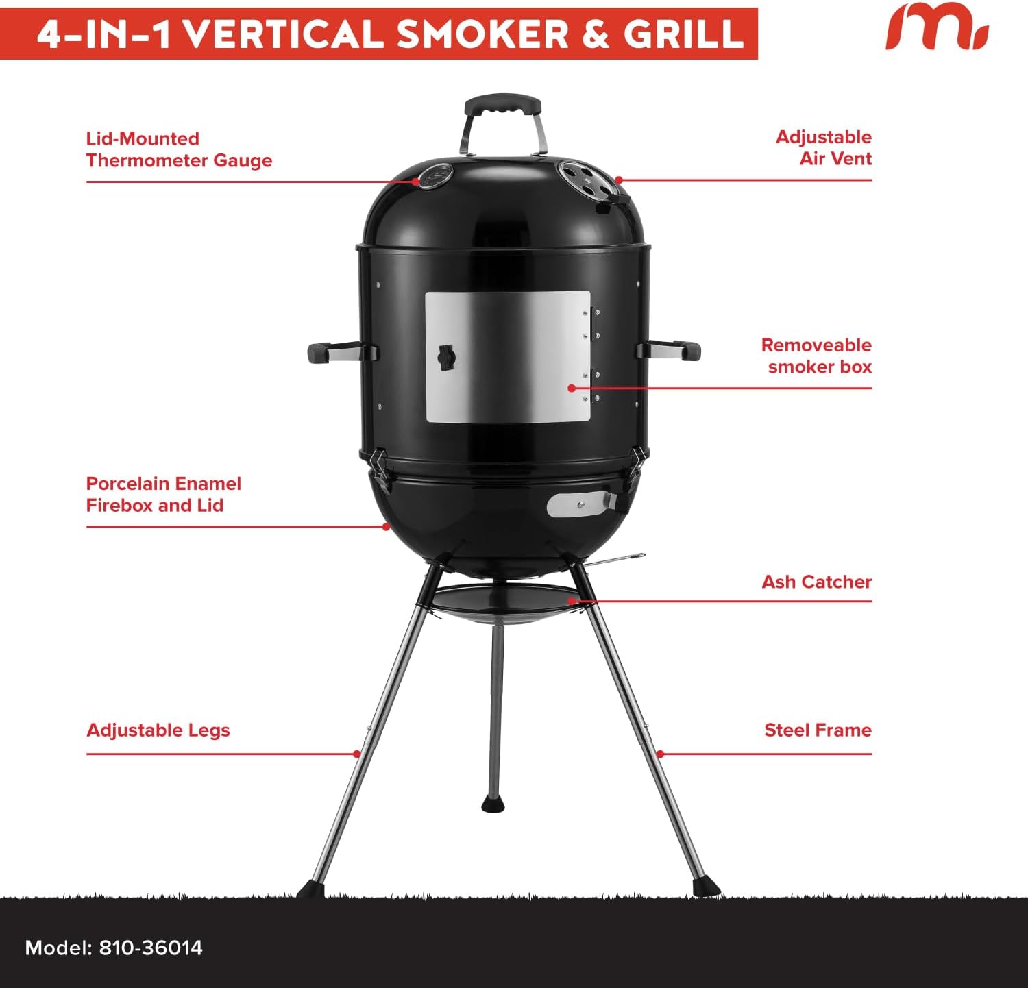Megamaster Vertical 18 Inch Charcoal BBQ Smoker, 4-in-1 Portable Outdoor Grill with Adjustable Air Vent, 600 SQ. In Cooking Area, Built-in Temperature Gauge, BBQ Grill for Camping, Picnics - 810-36014