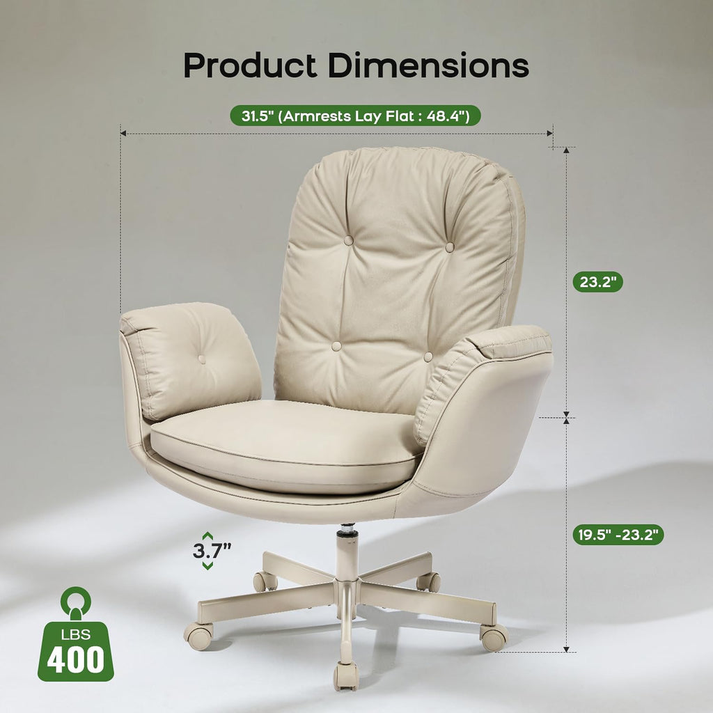amseatec Criss Cross Chair with Armrests & Wheels for Cross-Legged Sitting, Comfortable Adjustable Swivel Office Desk Chair –PU Leather Vanity Chair for Home, Makeup and Bedroom (Cream)