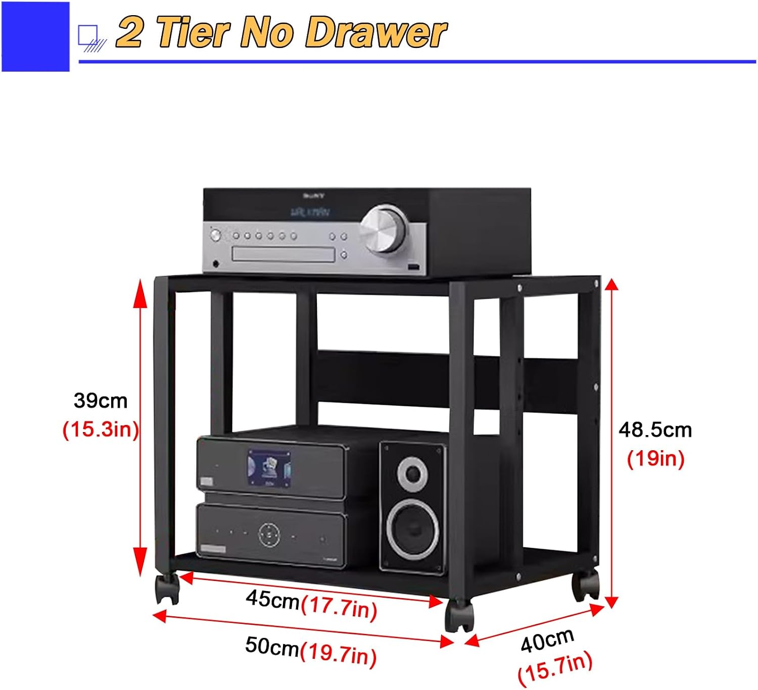 5/4/3/2-Tier AV Media Stand Vertical Storage Cabinet, Office Home Classroom Stereo Rack System Cabinet Adjustable, Mobile Audio Equipment Rack, Portable Record Player Amplifiers Shelf(2 Tier 48.5cm Ta