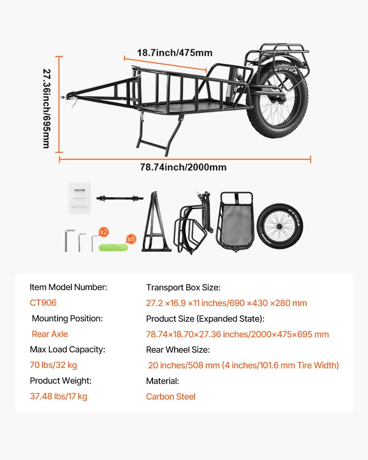 VEVOR Bike Cargo Trailer, 70/275 lbs Load Capacity, Foldable Compact Storage & Quick Release with Universal Hitch, 20' Wheels, Fits Most Bike Wheels, Carbon Steel Frame, Heavy-Duty Bicycle Wagon Cart