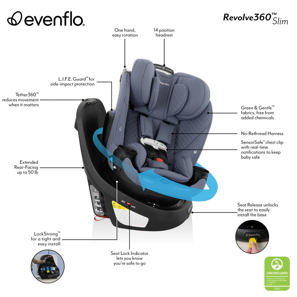 Evenflo Revolve360 Slim 2-in-1 Rotating Car Seat with Green & Gentle Fabric (Flint)