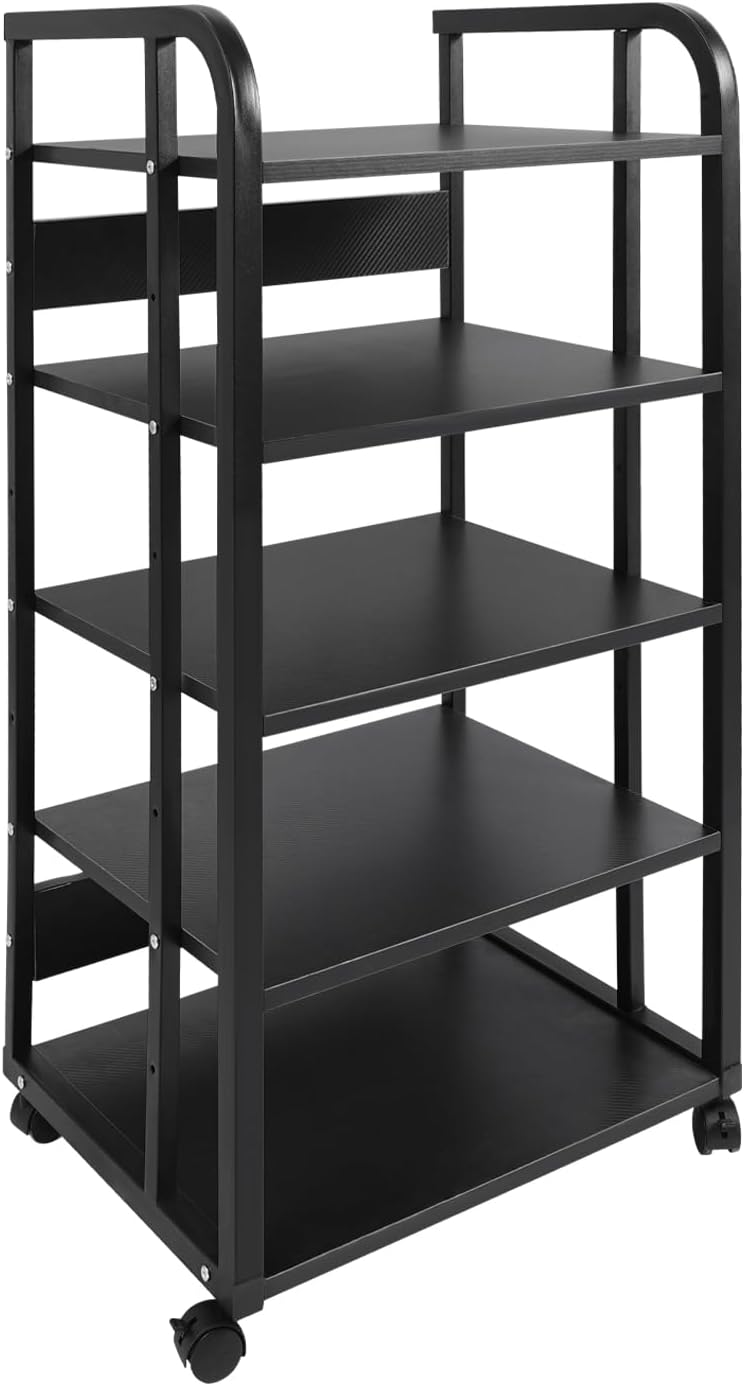 5-Tier Audio/Video Media Stand - CD & Record Player Display Rack for Stereo Receiver, AV Equipment Cabinet with 4 Lockable Wheels, Guardrails & Back Baffles, Holds Up to 88 lbs