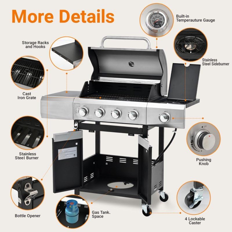 Endark Upgraded 51,000 BTU Gas Grill, 4-Burner BBQ Grill with Side Burner – Ideal for Camping, Outdoor Cooking, and Gatherings