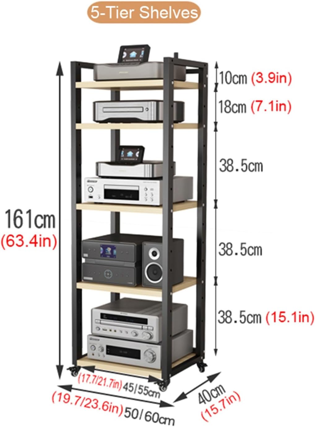 5/6/7/8 Tier Furniture Media Stand DVD CD Player Stand Audio Rack Power Amplifier Equipment Cabinet with Height Adjustable Wooden Shelf Multifunctional Storage Shelves ( Color : A-5 Tier , Size : 50x4