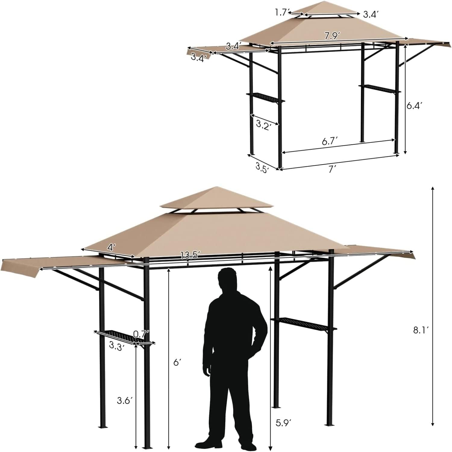 Tangkula 13.5x4 Ft Grill Gazebo with Dual Side Awnings, Double Tiered BBQ Gazebo with 2 Side Shelves, Heavy-Duty Steel Frame, CPAI-84 Barbecue Grill Gazebo Shelter for Patio, Garden, Beach, Terrace