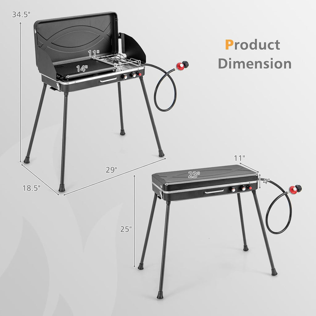 Giantex Portable Propane Grill & Camping Stove, 20,000 BTU Gas Camping Grill Burner, Independent Temperature Control, 3-Sided Wind Guard, Detachable Legs, for BBQ, Tailgating, Outdoor Cooking (Black)