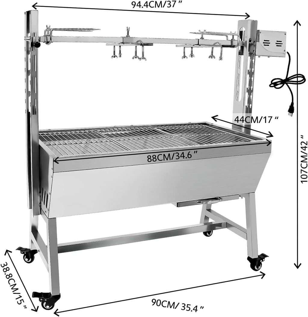132LBS Stainless Steel Rotisserie Grill, 25W Motor Small Pig Lamb Rotisserie Roaster, 37'' 2 in 1 BBQ Charcoal Rotisserie Grill for Camping Outdoor Kitchen