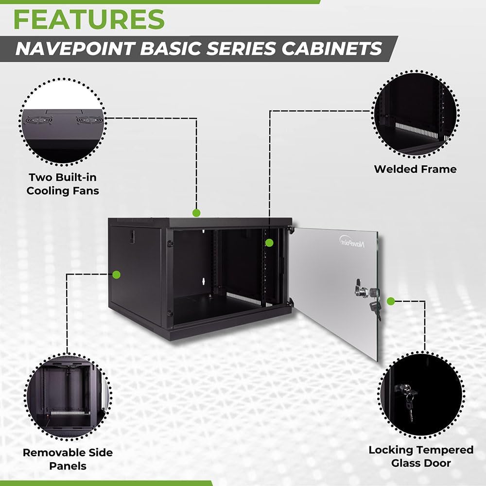 NavePoint 6U Wall Mount Network Cabinet for 19' IT Equipment with Lockable Glass Door & Removable Side Panels, 2 Fans, 17.7' Deep, Pre-Assembled