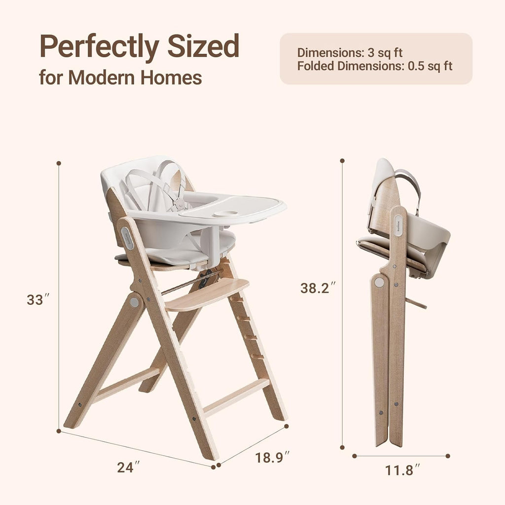 Mamazing GrowPod Pro Wooden Baby High Chair for 6 Months to 300lbs, Easy to Clean with Tray, Compact Foldable Highchair for Kitchen & Dining Room, with 5-Point Safety Harnesses and Guard Bar