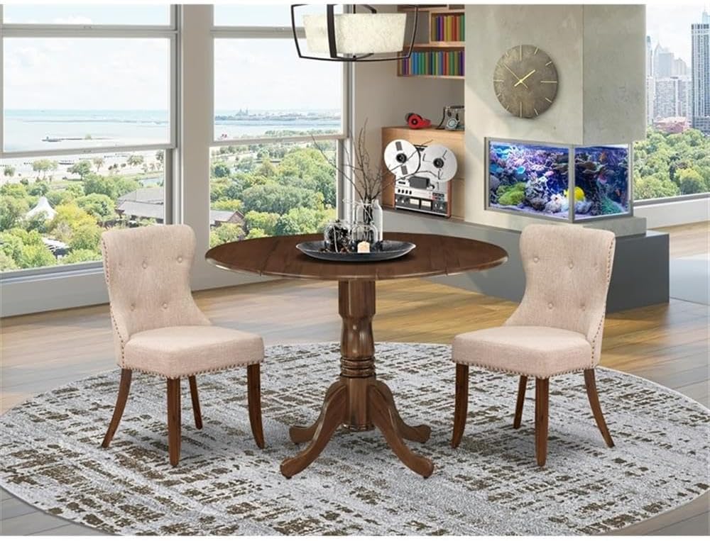 East West Furniture DLSI3-AWA-04 3 Piece Dining Set Contains a Round Kitchen Table with Dropleaf and 2 Upholstered Parson Chairs, 42x42 Inch, Antique Walnut