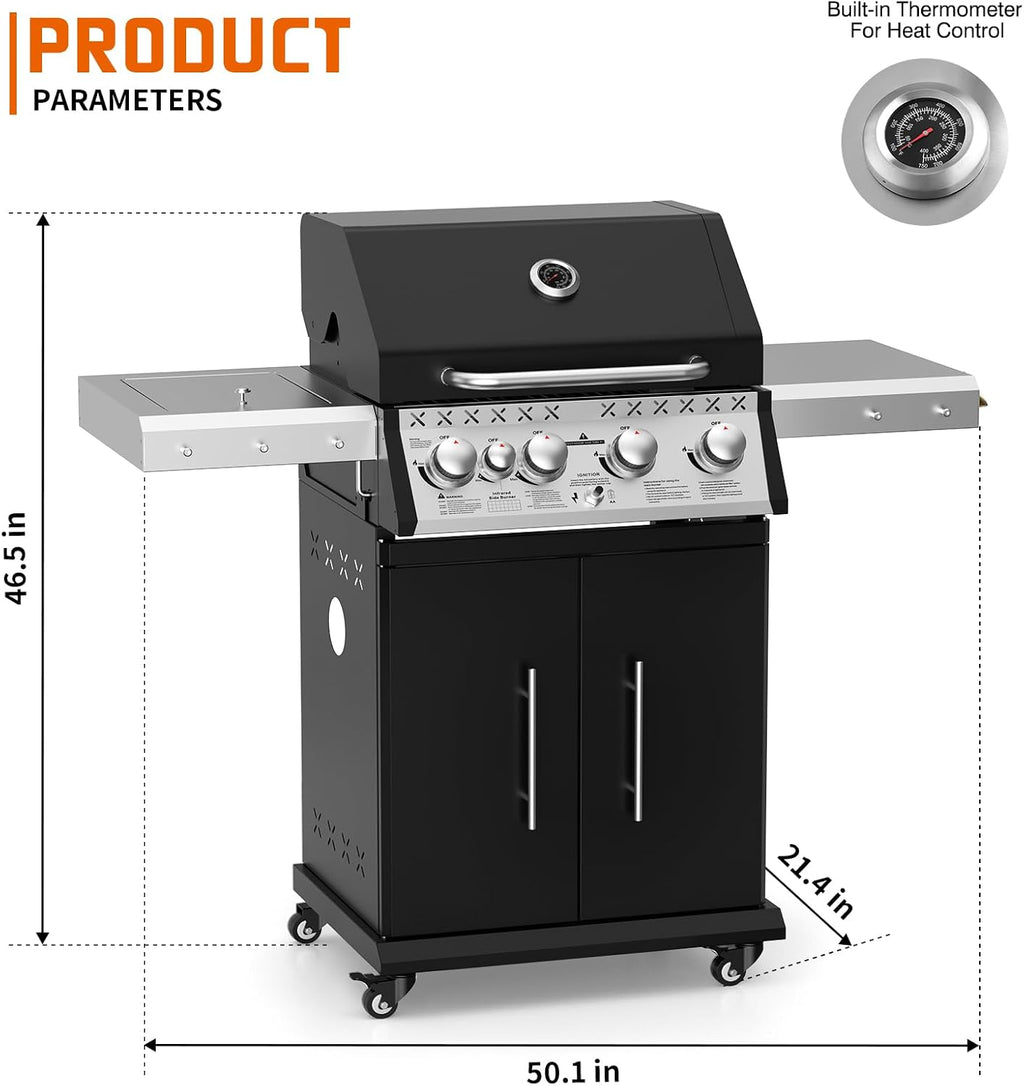 SKOK 4 Burner Propane Gas Grill with Infrared Side and Rear Burners, Outdoor BBQ Grill with Cast Iron Grates, Barbecue Grill with Wheels, 60,000BTU Output