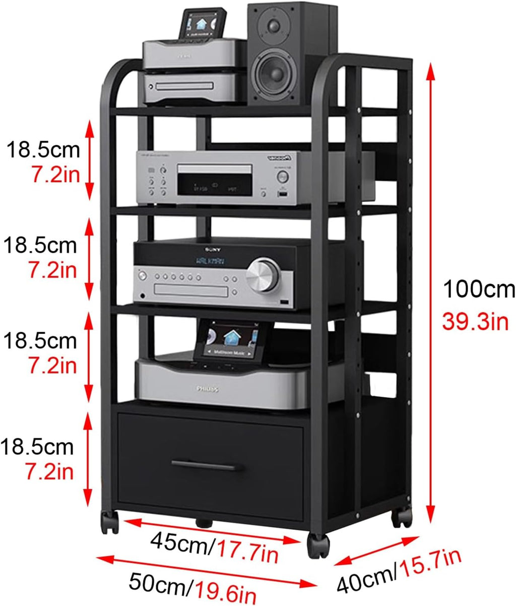WDJBPSH Mobile Audio Media Rack on Wheels, Portable Video Entertainment Equipment Storage Holder with Height-Adjustable Shelf, Office Bedroom Living Room Organizer(Size:4 Tier/H 100cm - with Drawer)