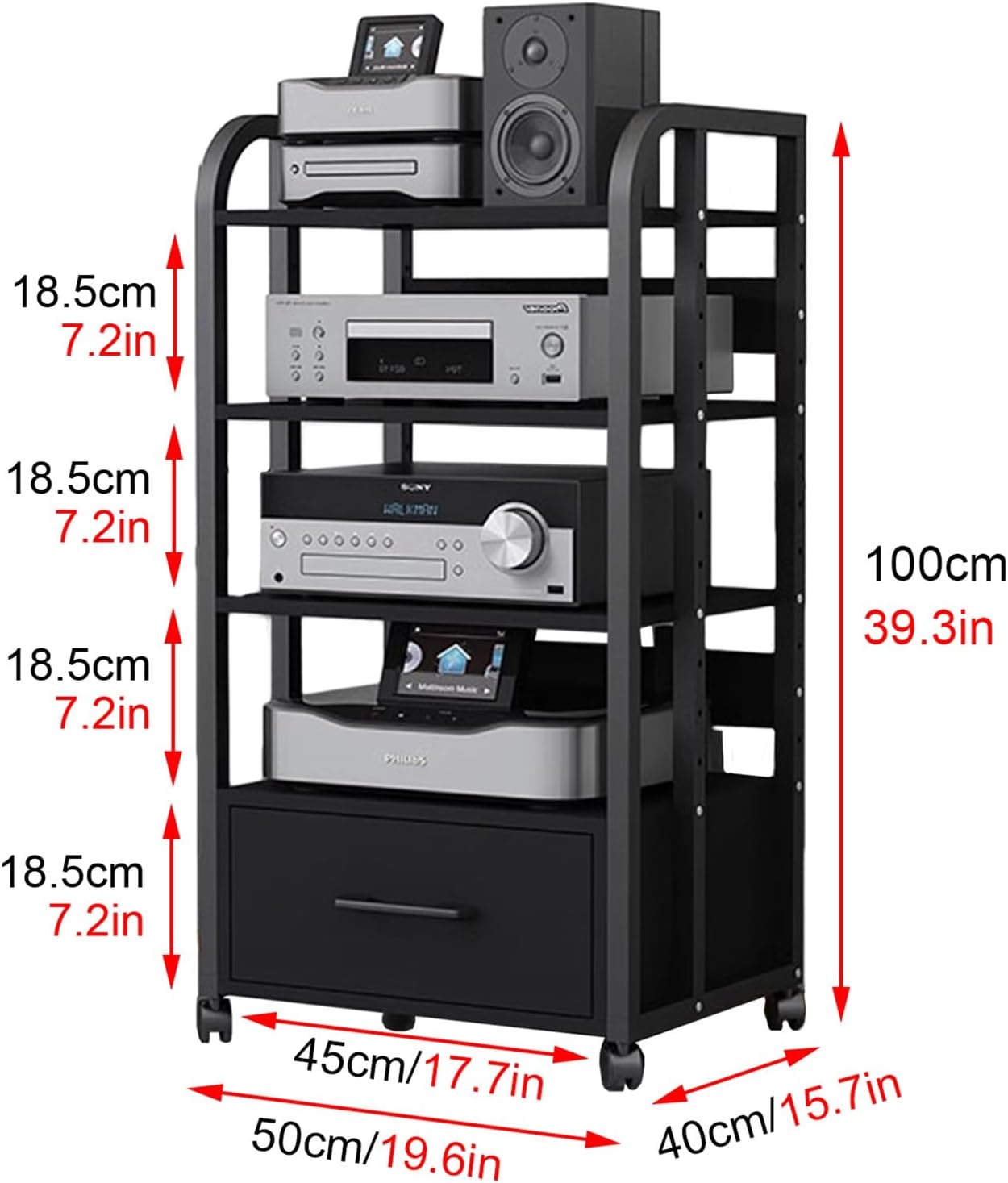 WDJBPSH Mobile Audio Media Rack on Wheels, Portable Video Entertainment Equipment Storage Holder with Height-Adjustable Shelf, Office Bedroom Living Room Organizer(Size:4 Tier/H 100cm - with Drawer)