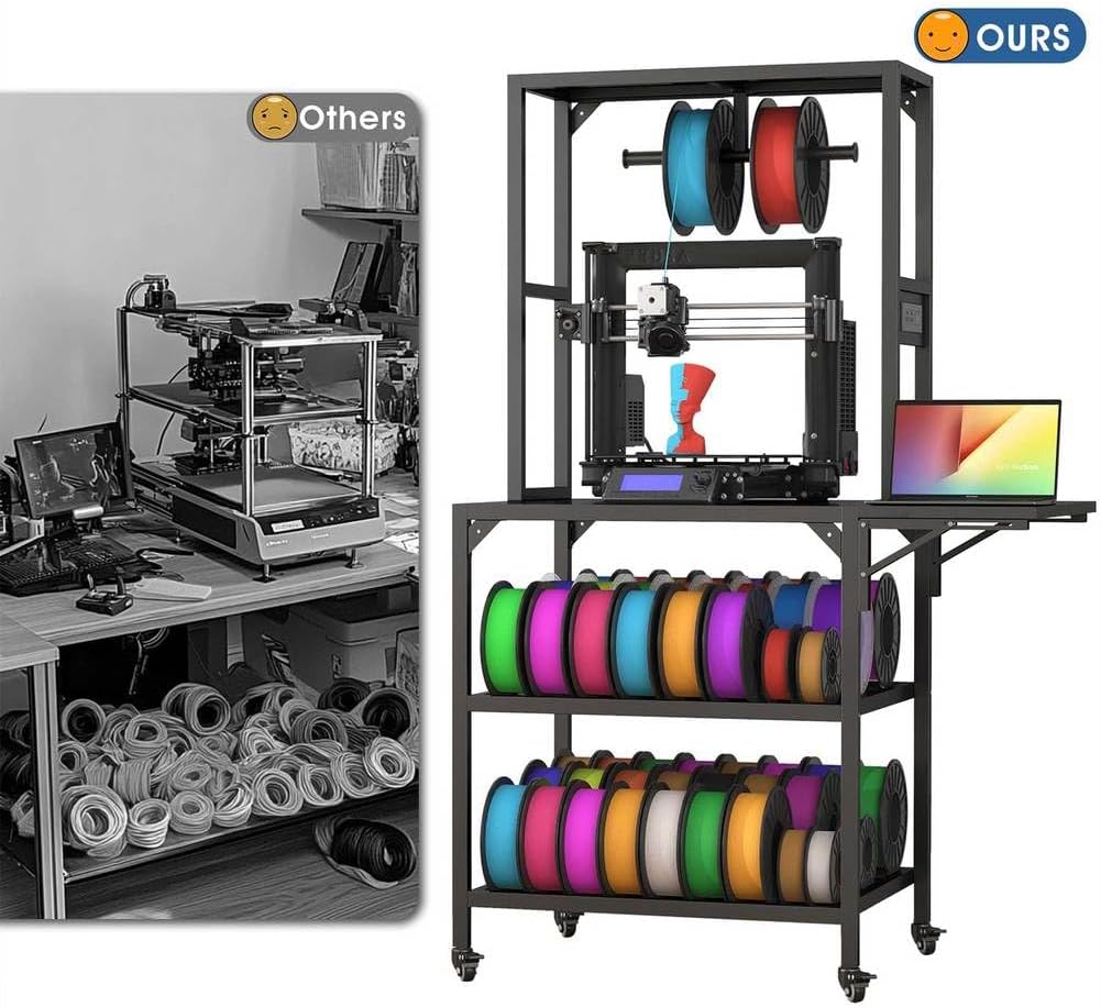 3D Printer Stand, Heavy Duty Large Printer Table Stand with Filament Storage Rack and T-Shaped Spools Holder Rack 3D Printer Table Workbench with Wheels Use for 3D Laser Printer Home Office