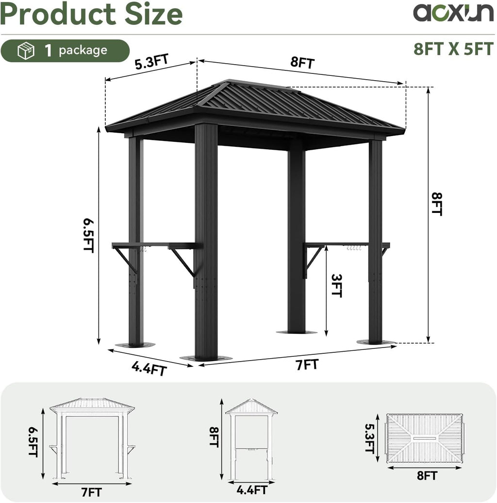 Aoxun Grill Hardtop Gazebo 5 x 8 FT, Outdoor Metal Hard Top Gazebo, Permanent BBQ Pavilion with Galvanized Steel Roof, Aluminum Pavilion with Shelves for Lawn, Garden, Patio, Backyard
