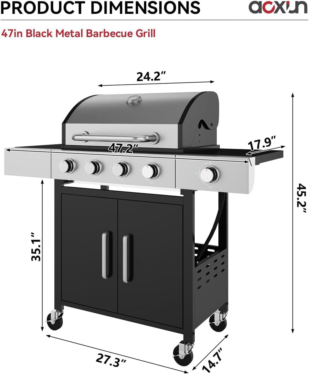 Aoxun 4-Burner Propane Grill with Side Burner, 49000 BTU Gas Grill, Stainless Steel Outdoor Grill with Cast Iron Grates & Side Tables for Backyard, Patio, Camping，Black