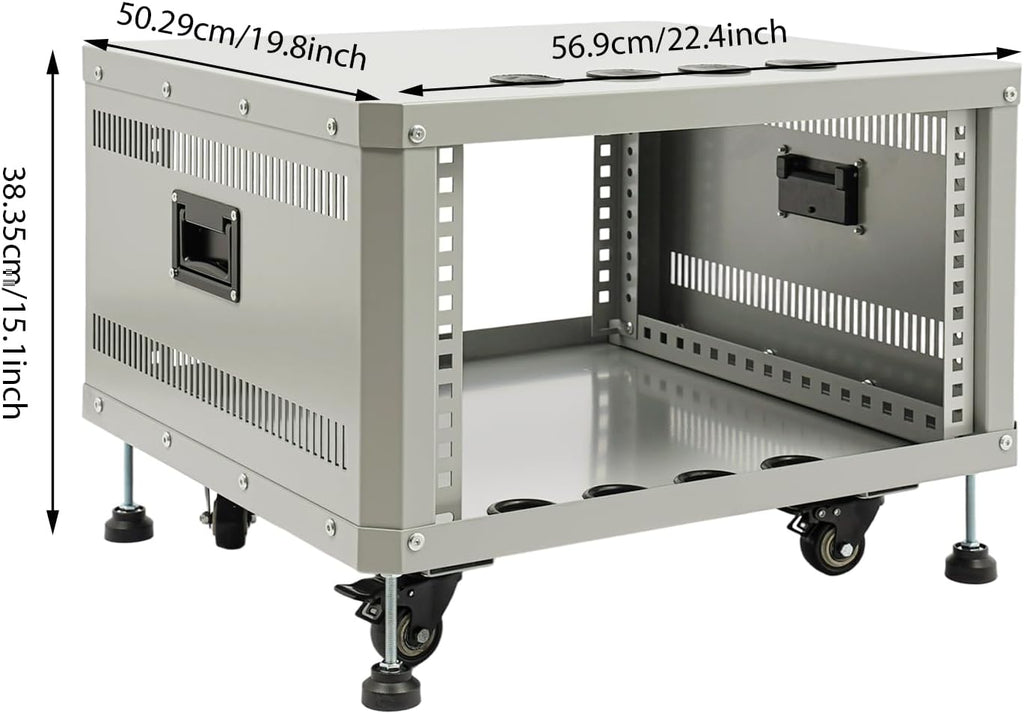 6U AV Rack with Wheels, Metal Studio Cabinet with Cable Ports, 22.4' x 19.8' x 15.1', Portable Home Studio Racks, Floor Standing Server Cabinet for Amplifiers, AV Equipment, Computers
