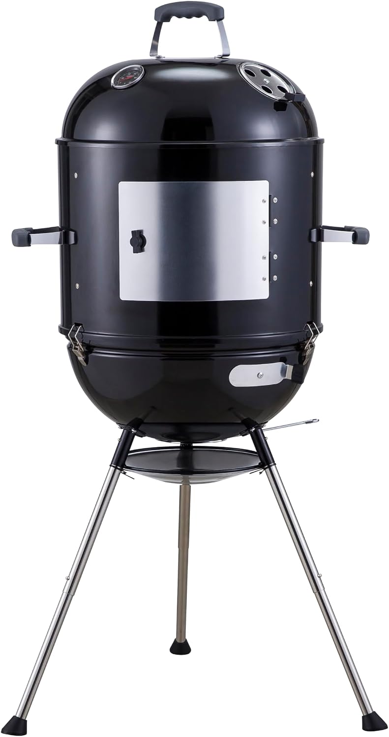 Megamaster Vertical 18 Inch Charcoal BBQ Smoker, 4-in-1 Portable Outdoor Grill with Adjustable Air Vent, 600 SQ. In Cooking Area, Built-in Temperature Gauge, BBQ Grill for Camping, Picnics - 810-36014