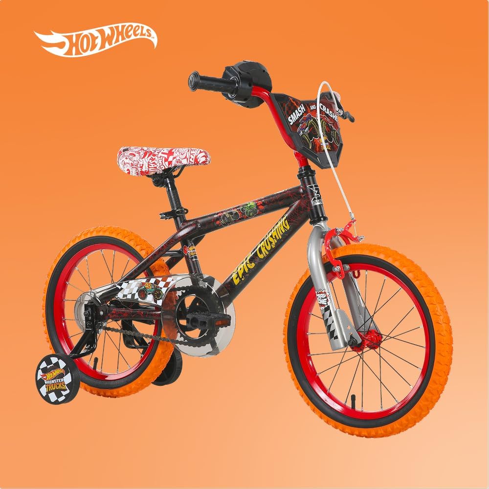 Dynacraft Hot Wheels Boys BMX Bikes Sizes 12' - 18' for Ages 3-9 Years in red, Black, with Handlebar rev Grip Play Feature