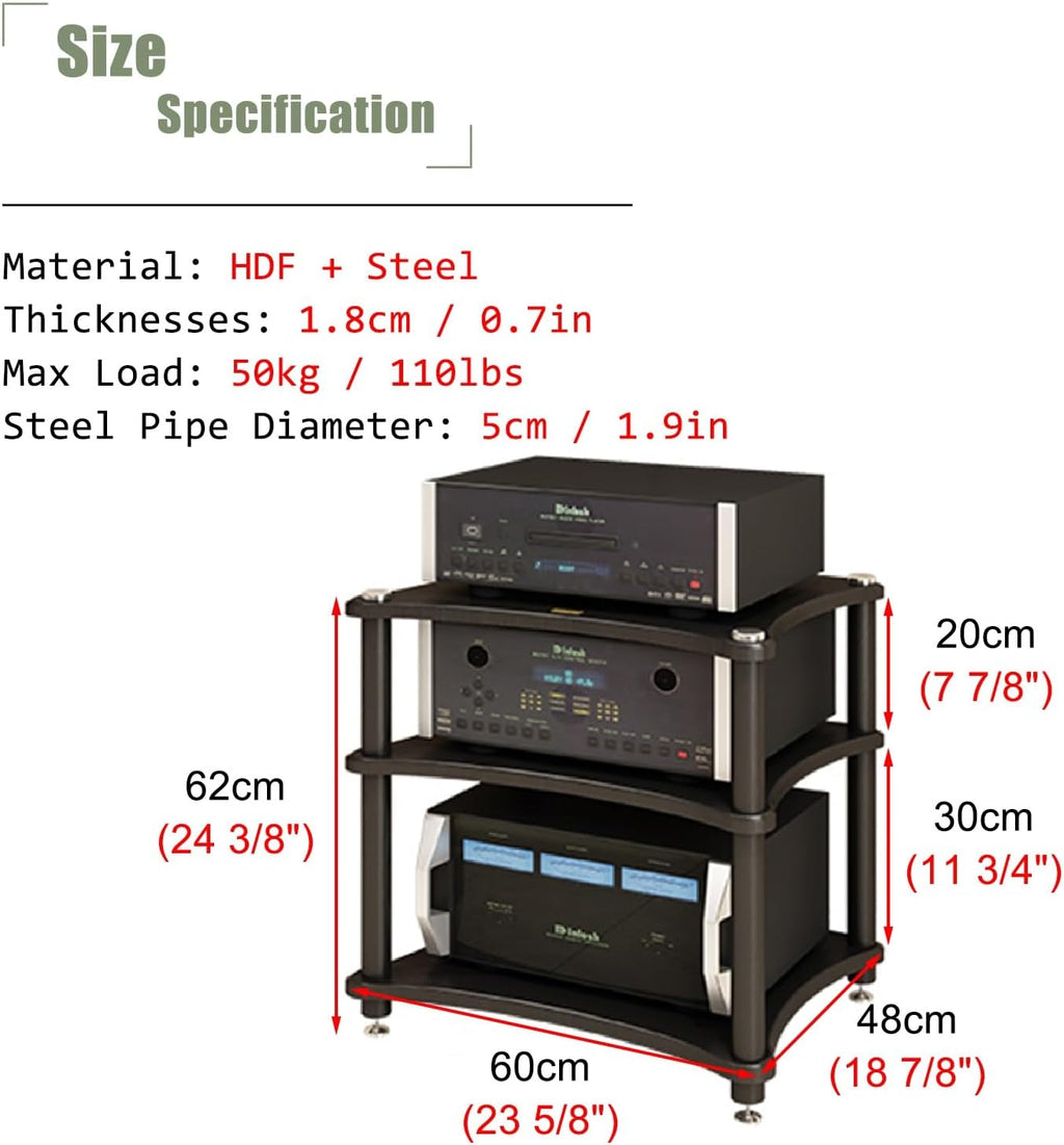 Audio Cabinet Rack 1-4 Tier Capacity Equipment Holders for Living Room, Large Storage AV Media Stand with 4 Steel Post, Vintage Furniture Stereo Cabinet Audio Rack Tower(3 Tier)