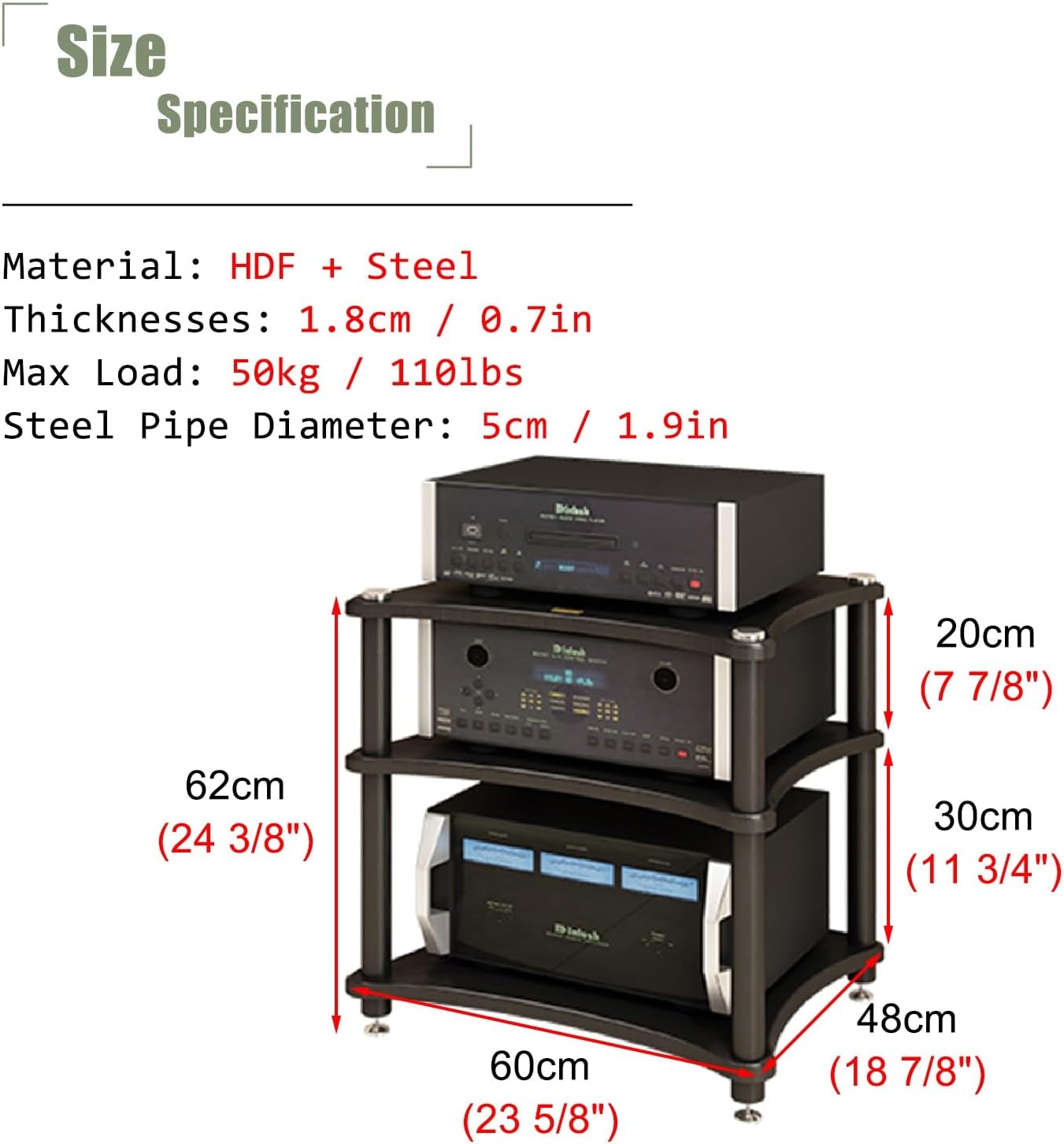 Audio Cabinet Rack 1-4 Tier Capacity Equipment Holders for Living Room, Large Storage AV Media Stand with 4 Steel Post, Vintage Furniture Stereo Cabinet Audio Rack Tower(3 Tier)