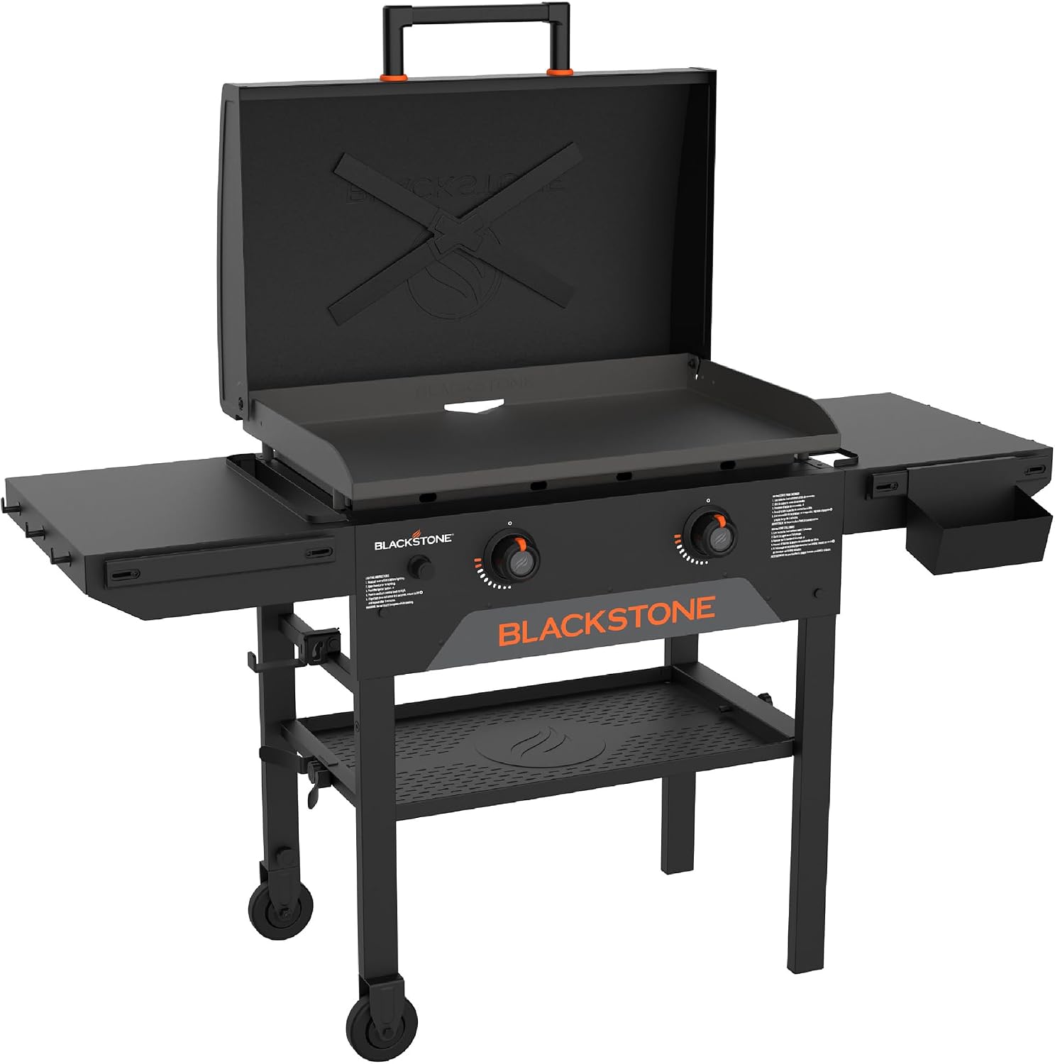 Blackstone Original 28' Griddle, Outdoor Cooking Station with Built-In Hood, Black - Includes Extendable Side Shelves and Caster Wheels