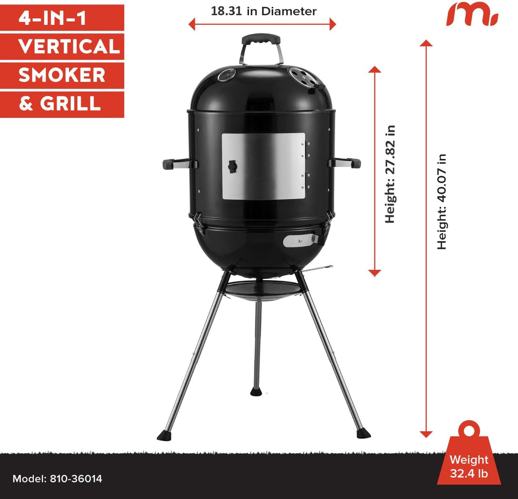 Megamaster Vertical 18 Inch Charcoal BBQ Smoker, 4-in-1 Portable Outdoor Grill with Adjustable Air Vent, 600 SQ. In Cooking Area, Built-in Temperature Gauge, BBQ Grill for Camping, Picnics - 810-36014